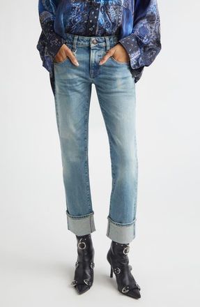 R13 Cuffed Straight Leg Boyfriend Jeans in Lapis Selvedge Blue Stretch at Nordstrom, Size 24