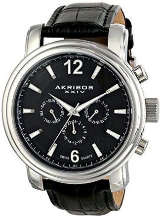 Akribos XXIV Ultimate Multi-Function Black Dial Black Leather Mens Watch 734SSB
