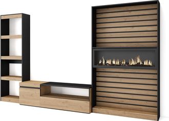 Skraut Home Muebles De Sal&oacute;n Para Tv, Conjunto De Muebles Comedor, 320x186x35cm, Chimenea El&eacute;ctrica, Estilo Moderno, Roble Y Negro - Skraut Home