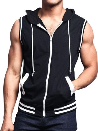 Generic Tank Top Mens Sports Sleeveless Hoodie, Muscle Shirt Athletic Sleeveless Summer Shirt, Casual Shirt Stand-Up Collar Mens Tank Top Large Pocket Soft Co