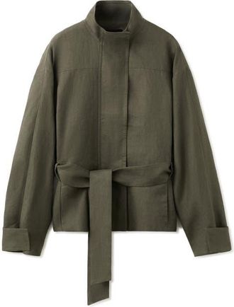 Mango Belted Linen Jacket in Khaki Green at Nordstrom, Size X-Small