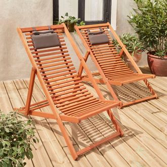 Sweeek Pair Of Slatted Wooden Deck Chairs in Light Brown