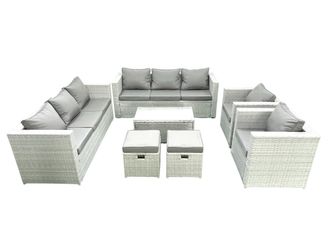 Fimous Outdoor Rattan Sofa Garden Furniture Set with 2 Armchairs Oblong Coffee Table 2 Small Footstools Light Grey Mixed