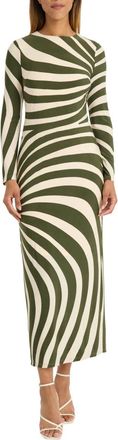 Donna Morgan Abstract Stripe Long Sleeve Dress In Ivory Cedar Green