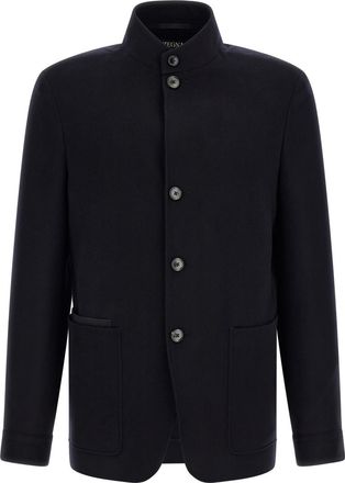 Ermenegildo Zegna Blue Solid Mandarin Collar Jacket