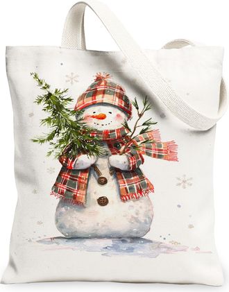 Generic Snow Man Canvas Tote Bags, Holiday Snow Man Pattern Reusable Shopping Bags, Cute Festive Lightweight Washable Shoulder Strap Canvas for Grocery Travel