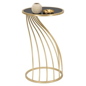 Dmora Mesita De Sal&oacute;n Broome, Porta Tel&eacute;fono, Forma Redonda, Tablero Negro, 35x35x60h Cm Oro