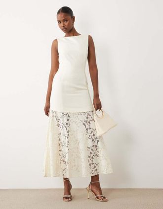 Forever New Vestito midi con gonna in pizzo color crema al burro in misto lino-Giallo