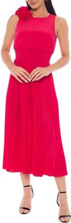 OLEG CASSINI Rosette Pleated A-Line Midi Dress in Red at Nordstrom Rack, Size X-Large