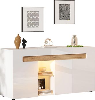 STILVORA Aparador Con 3 Puertas Y Led Controlado Por App, Blanco Brillo, Con Estante De Vidrio, En Tablero Aglomerado, 140&times;40&times;70 Cm