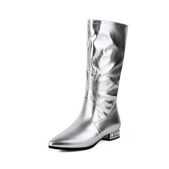 Generic Womens Pull on Slouch Mid-Calf Boots Pointed Toe PU Leather Short Boots Flat Heel Casual Boot,Silver,3.5 UK