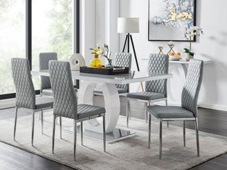 Furniturebox Giovani 6-Seater Grey Glass Dining Table & 6 Milan Faux Leather Dining Chairs