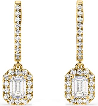 The Diamond Store Annabelle Emerald Cut Lab Diamond Halo Drop Earrings 1.48ct in 18K Yellow Gold F/VS1
