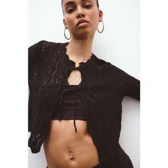 H&M Pointelle-knit Tie-front Cardigan in Dark Brown at Nordstrom, Size X-Small