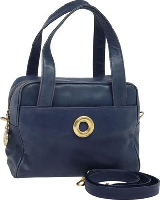 Celine Circle Logo Handbag Leather Blue Leather Bag (Pre-Owned)