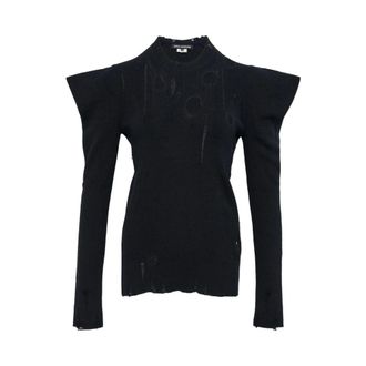 Junya Watanabe Turtlenecks, female, Black, Size: S Black Wool Distressed Ribbed Knit Sweater