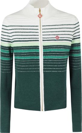Casablanca Green Boucle Stripe Logo Patch Zip Cotton-Blend Cardigan