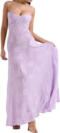Generic Womens Sexy Lace Cocktail Dress, Sleeveless Spaghetti Strap Long Maxi Dress, Lace Floral Fitted Dress (Purple,M)