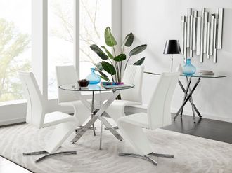 Furniturebox Novara Round 100cm Chrome Metal & Glass Dining Table & 4 Willow Dining Chairs Set in White