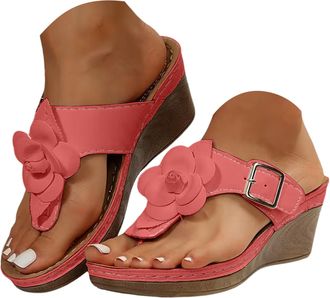 Generic Womens Summer Wedge Sandals With Floral Embellishments Solid Color Retro Flip Flops Fashionable Lightweight And Comfortable Summer Shoes Beach Walking