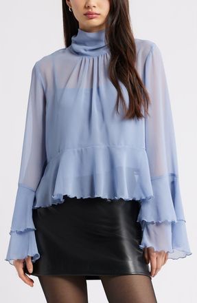 Open Edit High Neck Chiffon Top in Blue Umbra at Nordstrom, Size Xx-Small