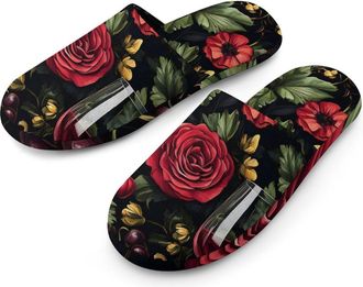 Generic Wine Bottle Grapes Dark Rose Flannel Mens Slip-on Slippers Winter Warm House Shoes with Rubber Sole for Home Hotel