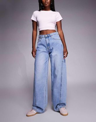 Princess Polly Esperance - Jeans bombati lavaggio blu vintage con cuciture a vista