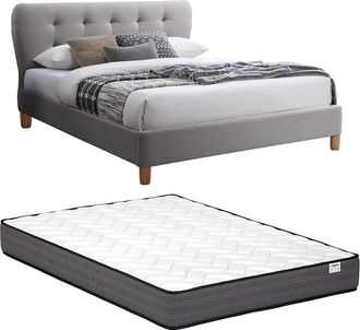 Vente-Unique Cama 160 x 200 cm con cabecero capiton&eacute; - Tela - Gris claro + Colch&oacute;n - ELIDE