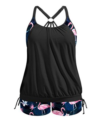 Holipick Plus Size Tankini Swimsuits for Women Two Piece Tummy Control Bathing Suit Blouson Tankini Top with Shorts, Black With Flamingo, 28 Plus