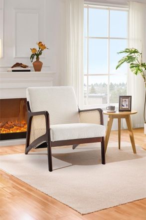 Living and Home Corduroy Beige Armchair with Rattan Armrest
