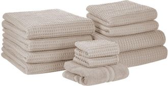 Beliani Conjunto De 11 Toallas Toalla De Ba&ntilde;o Y Alfombrilla De Ba&ntilde;o De Algod&oacute;n Beige Low Twist Para Invitados Areora
