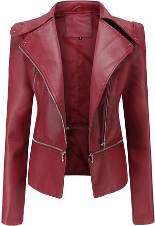 Generic Womens Leather Jacket Removable Hem Lapel Zipper Casual Jacket Retro Motorcycle Jacket Burgundy Xl