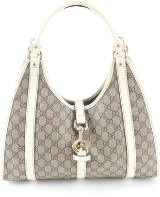 Gucci Brown Ivory Leather Coated Canvas Handbag Shoulder Bag Tote Bag (Pre-Owned)