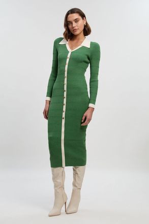 Karen Millen Womens Viscose Rib Stitch Detail Contrast Colour Button Knit Midi Dress - Green - Size Medium