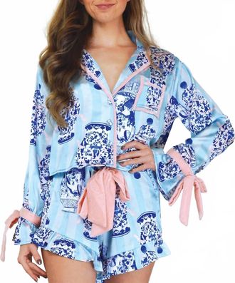 8 Oak Lane Satin Ruffle Short Pajama Set In Ginger Jar Stripe