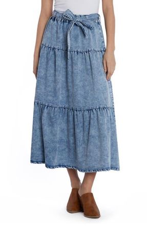 Wash Lab Denim Tiered Tie Belt Denim Maxi Skirt in Clear Blue at Nordstrom, Size X-Large