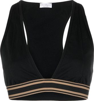 Brunello Cucinelli striped V-neck crop top - women - Cotton/Spandex/Elastane - L - Black
