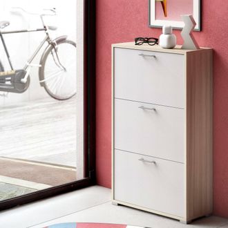 Dmora Zapatero Dlos, Mueble De Entrada Polivalente Con 3 Puertas Abatibles, Zapatero De Doble Profundidad, 100% Made In Italy, 67x28h112 Cm, Blanco Y Olmo -