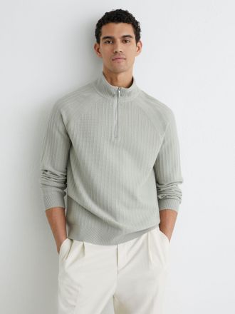 Reiss Sage Green Textured-knit Half-zip Jumper With Wool, Xxl