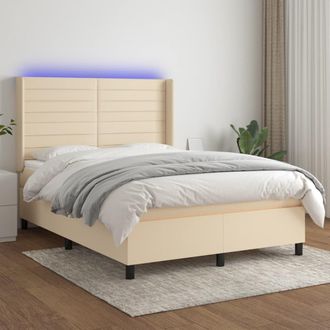 vidaXL Cama Box Spring Colch&oacute;n Y Luces Led Tela Crema 140x190 Cm Vidaxl