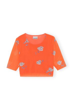 Ganni Orange Printed Mesh Cropped T-shirt - Size 10/12 Recycled Nylon