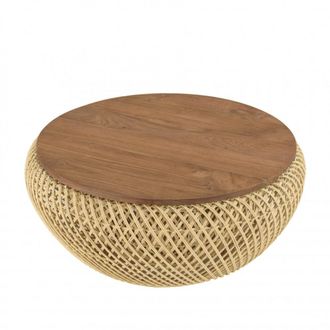 Macabane Mesa de centro redonda de rat&aacute;n beige con tablero desmontable d66