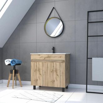 Aurlane Mobile da bagno 80cm da Appoggiare 2 Ante Rovere Lavabo Bianco+ Specchio Barbiere-TIMBER 80-Pack28