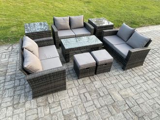 Fimous Outdoor U Shape Sofa Set Wicker PE Rattan Garden Furniture Set with Coffee Table Double Seat Sofa 2 Small Footstools in Dark Grey