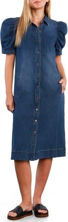 Wash Lab Denim Puff Sleeve Stretch Denim Midi Dress in Subway Blue at Nordstrom, Size X-Small