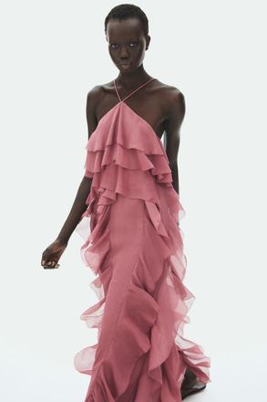 H&M Flounced Chiffon Dress in Dark Dusty Pink at Nordstrom, Size X-Small