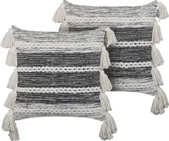 Beliani Conjunto De 2 Cojines De Algod&oacute;n Negro Blanco Crema 45 X 45 Cm Borlas Rochea