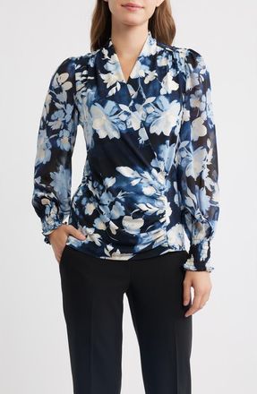 Anne Klein Floral Mix Media Faux Wrap Top in Dutch Blue Multi at Nordstrom, Size Xx-Small