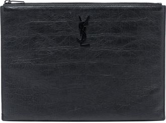 Saint Laurent Pre-owned Womens Croc Embossed Leather Monogram Clutch - Black - One Size