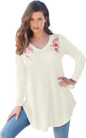 Roaman's Plus Size Knit Thermal V Neck Swing Tunic Long Sleeve in Ivory Pink Roses at Nordstrom, Size 44